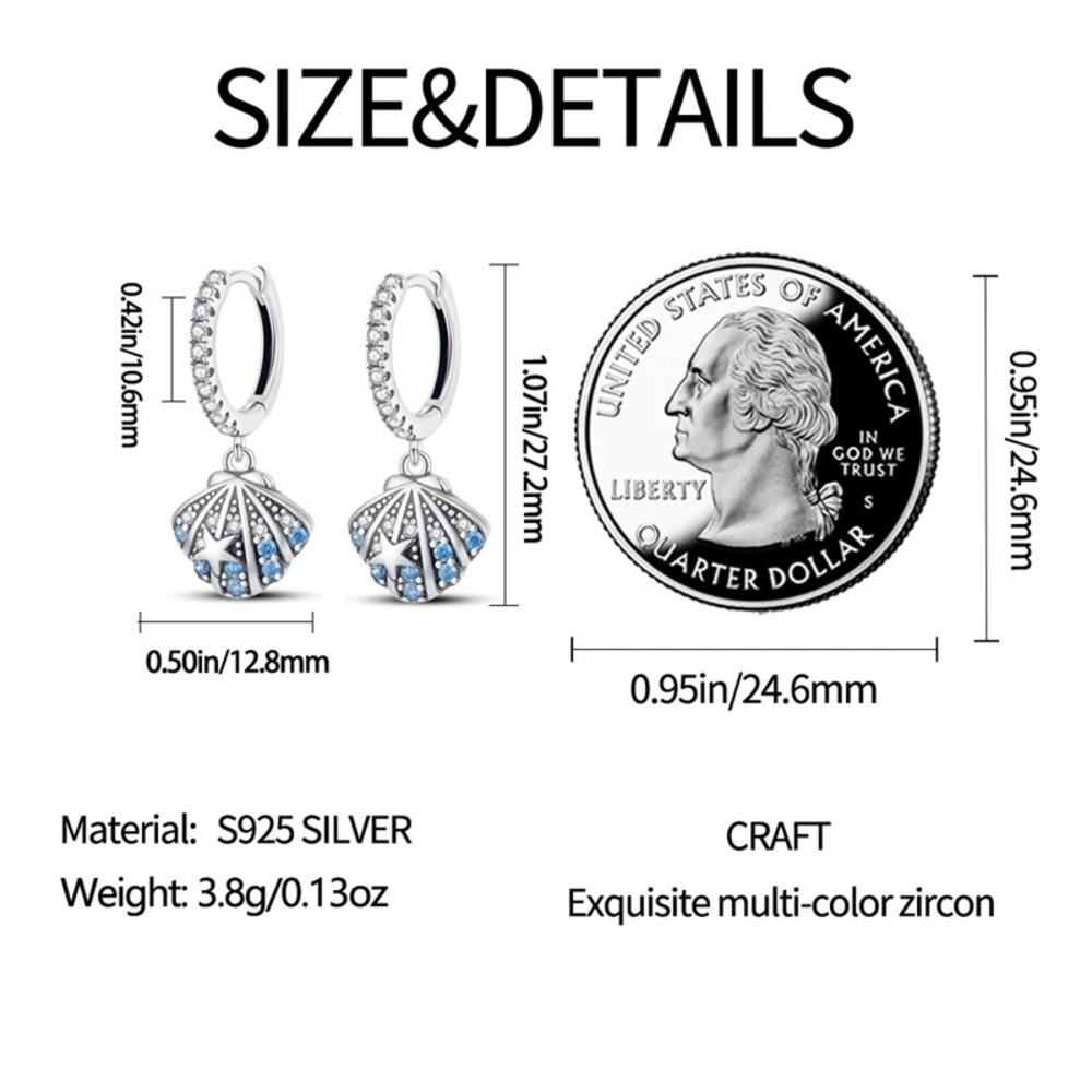 Sterling Silver Seashell Hoop Earrings with Blue Zircons S925 - Picture 5 of 5